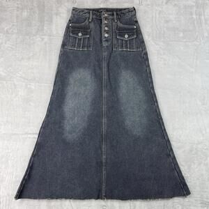 Jofay Denim Maxi Skirt Dark Wash Button Front Cargo Pockets 26W Y2K streetwear